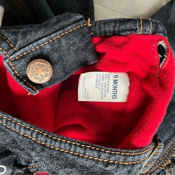 OshKosh B’Gosh Baby Favorite Dark Denim Red Fleece Lined Overalls Size 9 Months - Picture 3 of 6